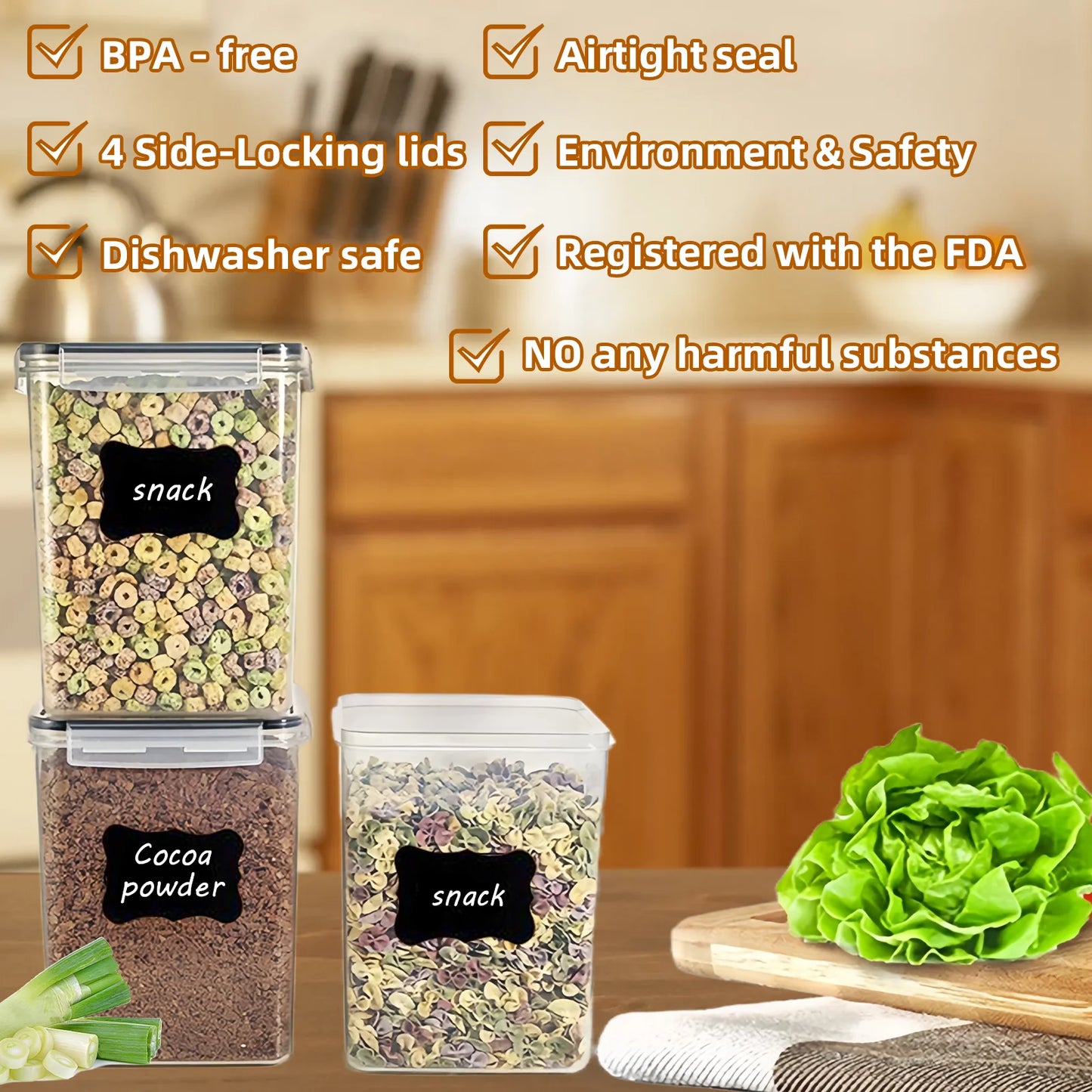 Keep Your Kitchen Organized with 4 Stackable 5.2L Airtight Cereal Containers - Includes Lids, Spoons, Labels, and Pen for Effortless Food Storage