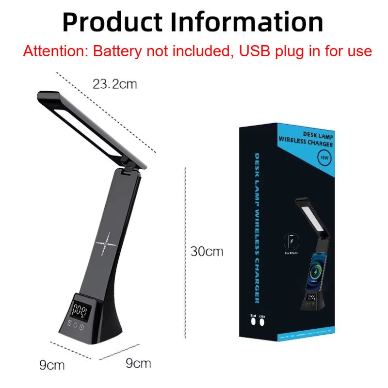 Multifunction LED Desk Lamp with Wireless Charger Digital Clock Alarm USB 3 Colors Dimmable Study Light for Office Bedroom