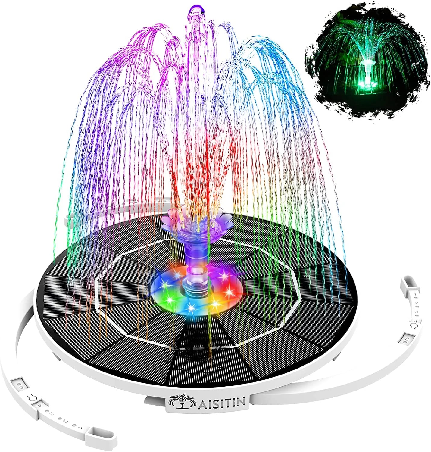 3.5 W LED Solar Fountain Pump with Lights for Birdbath/Pool with 16 DIY Nozzles, Solar Fountain with 3000 Mah Battery and 8 Colored LED Lights, Retractable Stand for Outdoor, Garden, Pool