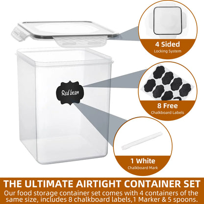 Keep Your Kitchen Organized with 4 Stackable 5.2L Airtight Cereal Containers - Includes Lids, Spoons, Labels, and Pen for Effortless Food Storage
