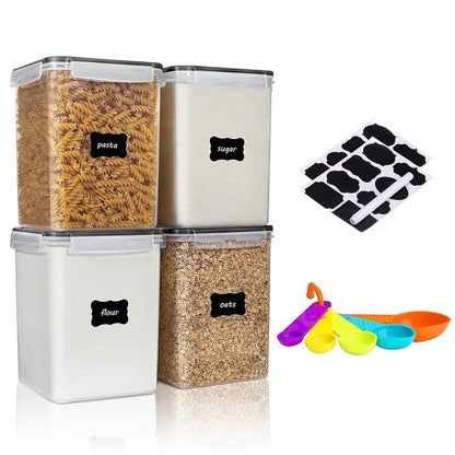 Keep Your Kitchen Organized with 4 Stackable 5.2L Airtight Cereal Containers - Includes Lids, Spoons, Labels, and Pen for Effortless Food Storage