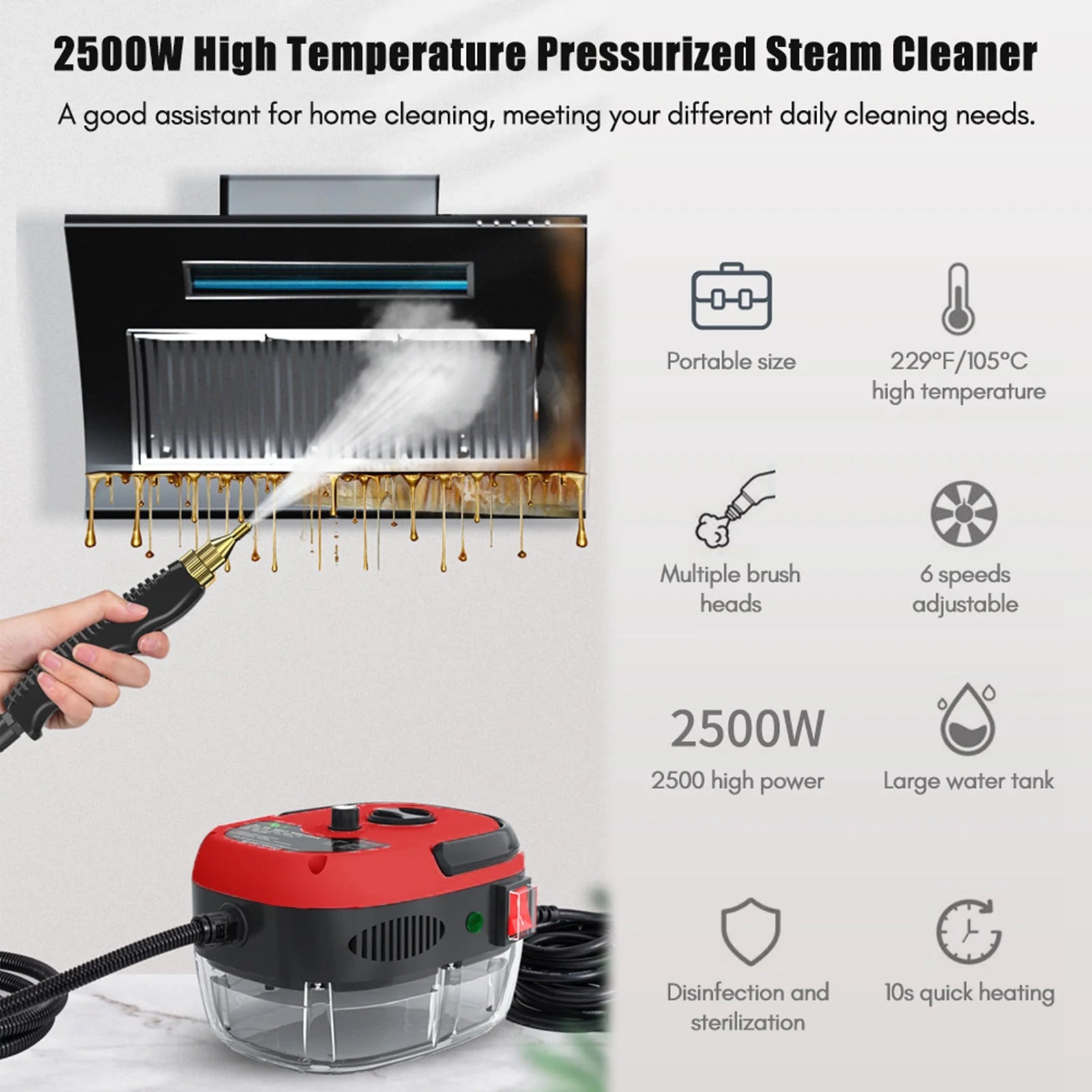 1500W High Power Handheld Steam Cleaner Household 6 Speeds Adjustable Practical Steam Cleaner for Car Refrigerator Kitchen
