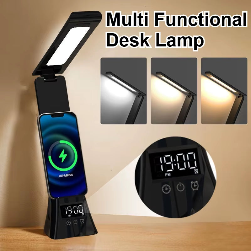 Multifunction LED Desk Lamp with Wireless Charger Digital Clock Alarm USB 3 Colors Dimmable Study Light for Office Bedroom