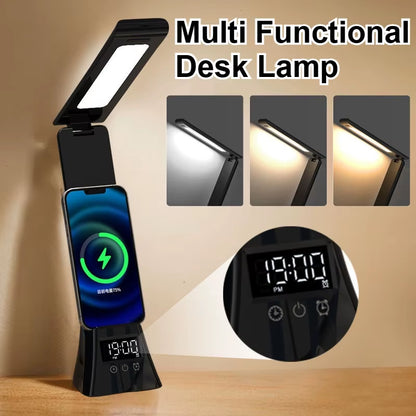 Multifunction LED Desk Lamp with Wireless Charger Digital Clock Alarm USB 3 Colors Dimmable Study Light for Office Bedroom