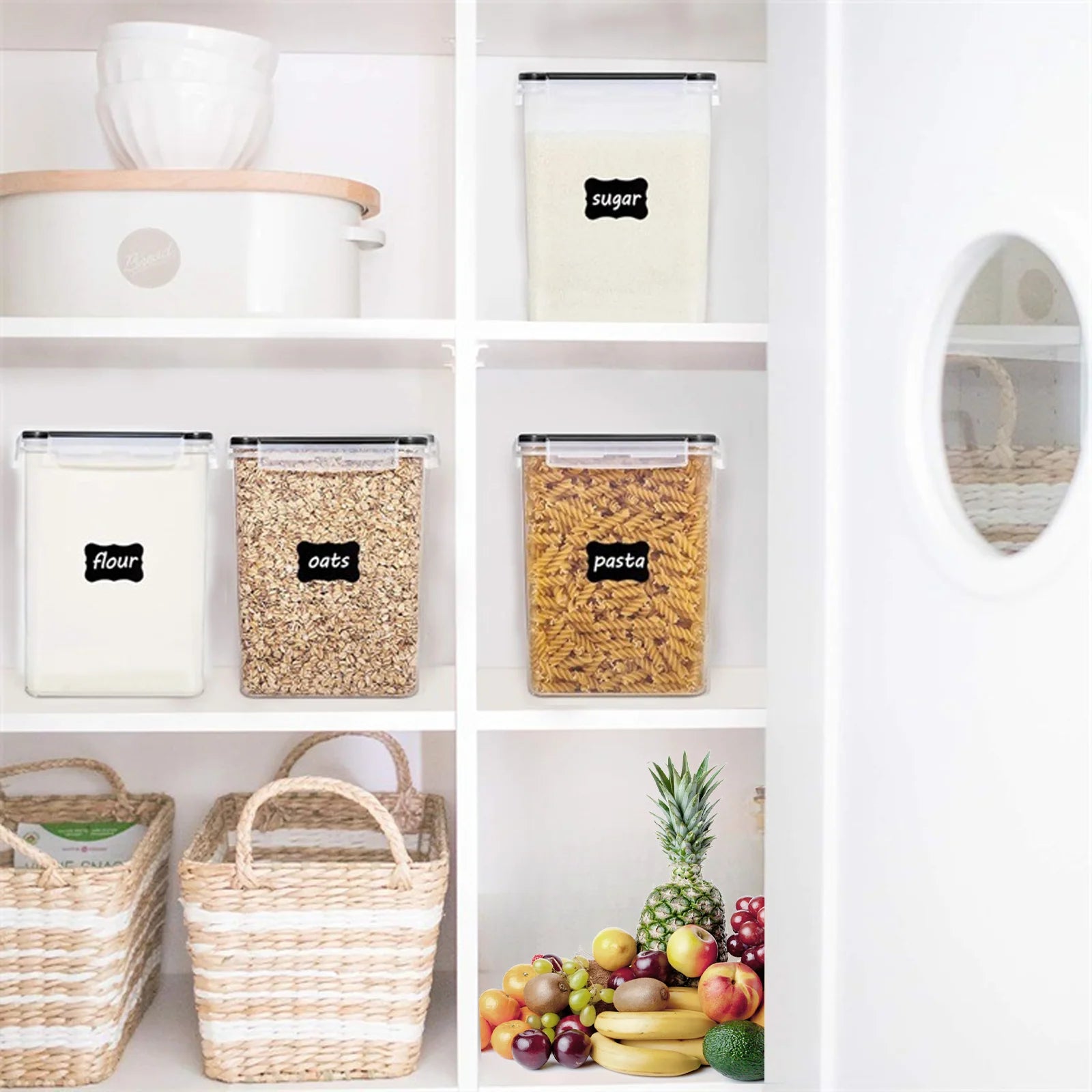 Keep Your Kitchen Organized with 4 Stackable 5.2L Airtight Cereal Containers - Includes Lids, Spoons, Labels, and Pen for Effortless Food Storage