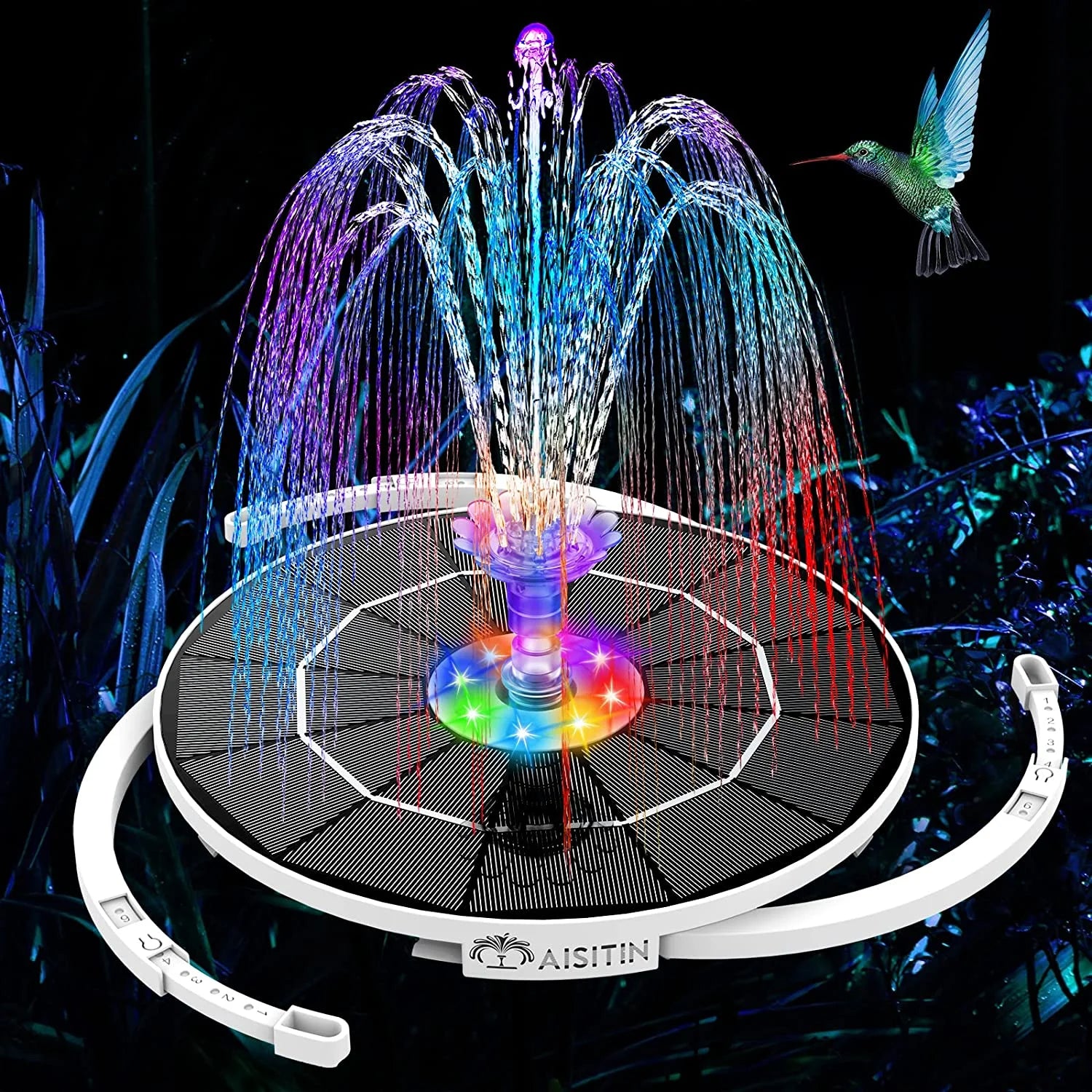 3.5 W LED Solar Fountain Pump with Lights for Birdbath/Pool with 16 DIY Nozzles, Solar Fountain with 3000 Mah Battery and 8 Colored LED Lights, Retractable Stand for Outdoor, Garden, Pool